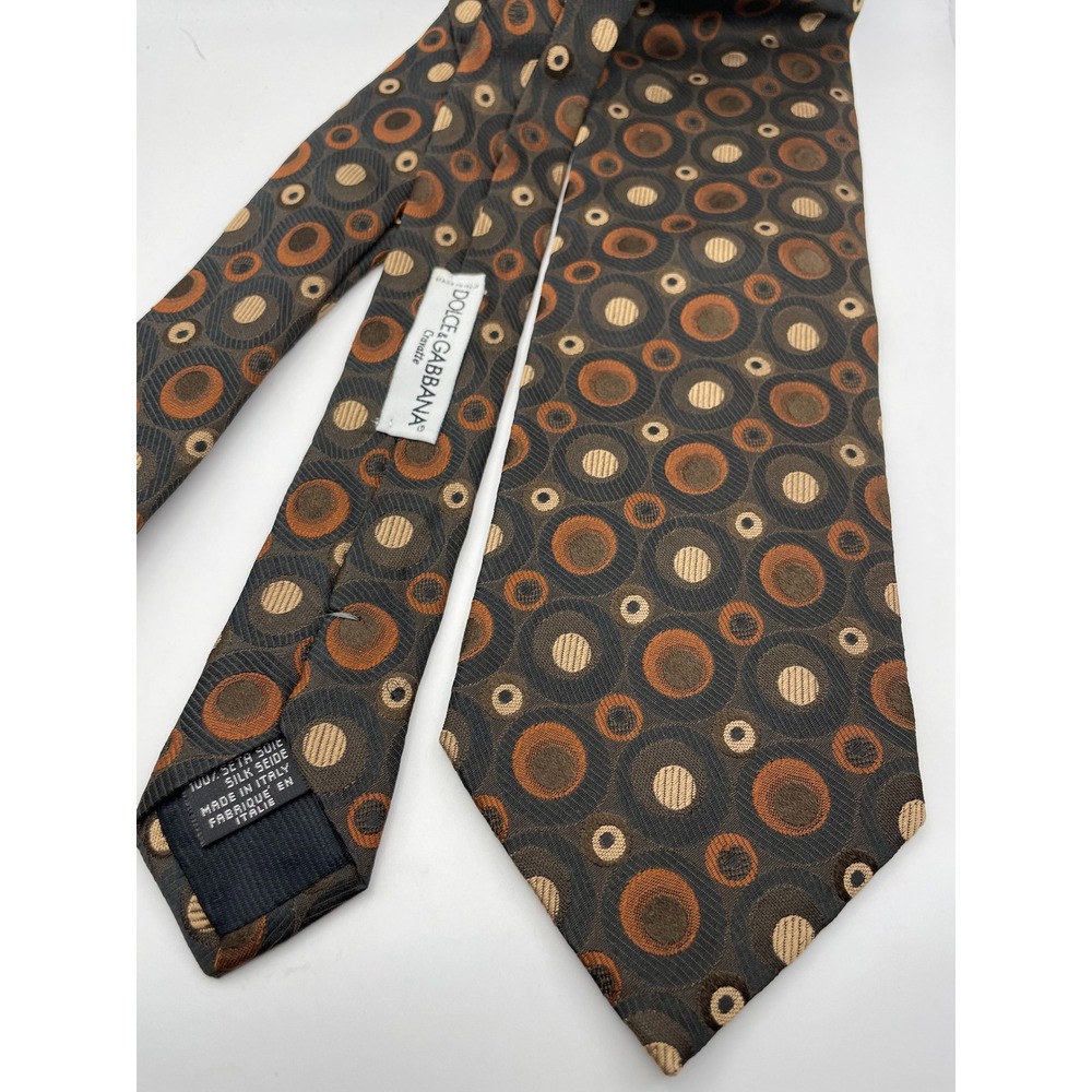 Dolce & Gabbana Mens Silk Tie Brown Orange Geometric Circle Pattern Italy